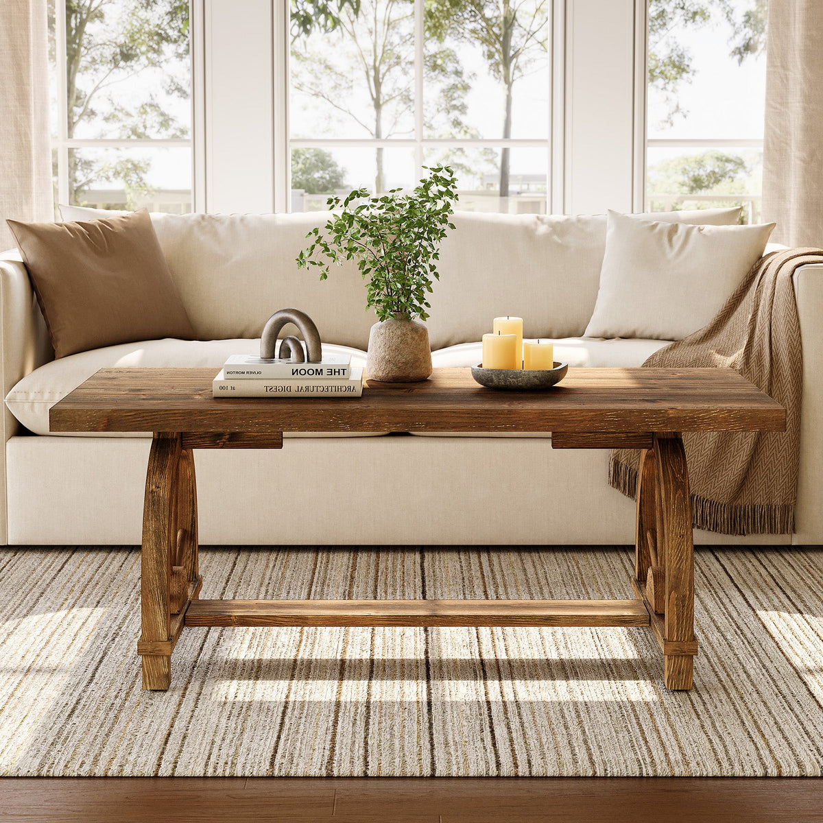 47" Solid Wood Coffee Table, Rectangular Center Table With Arched Base