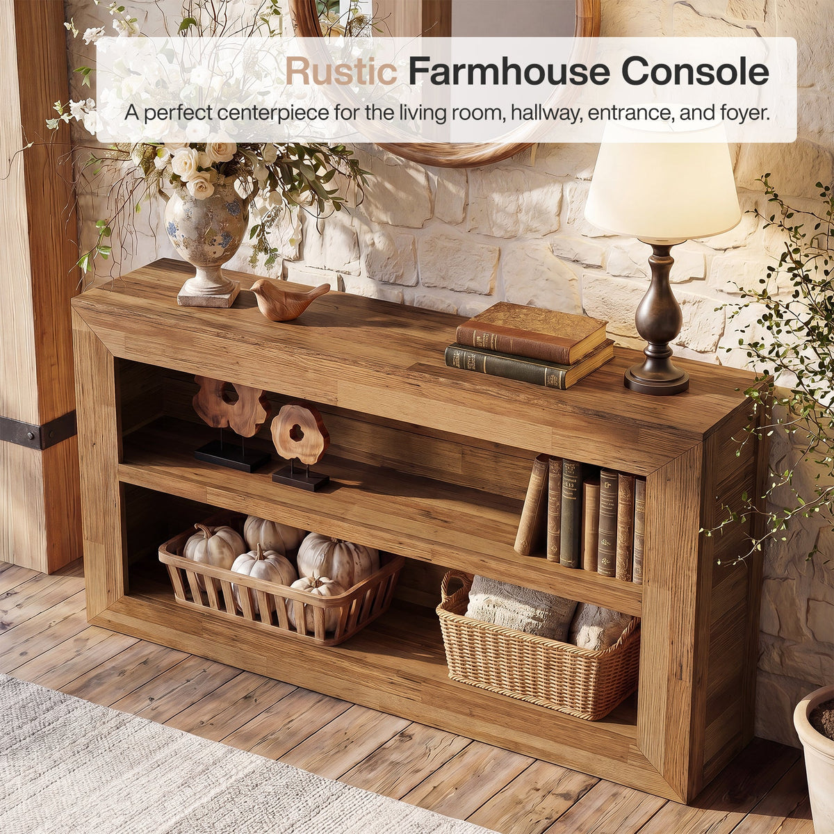 63-Inch Wooden Console Table, Narrow Entryway Table with 2-Tier Open Storage for Hallway