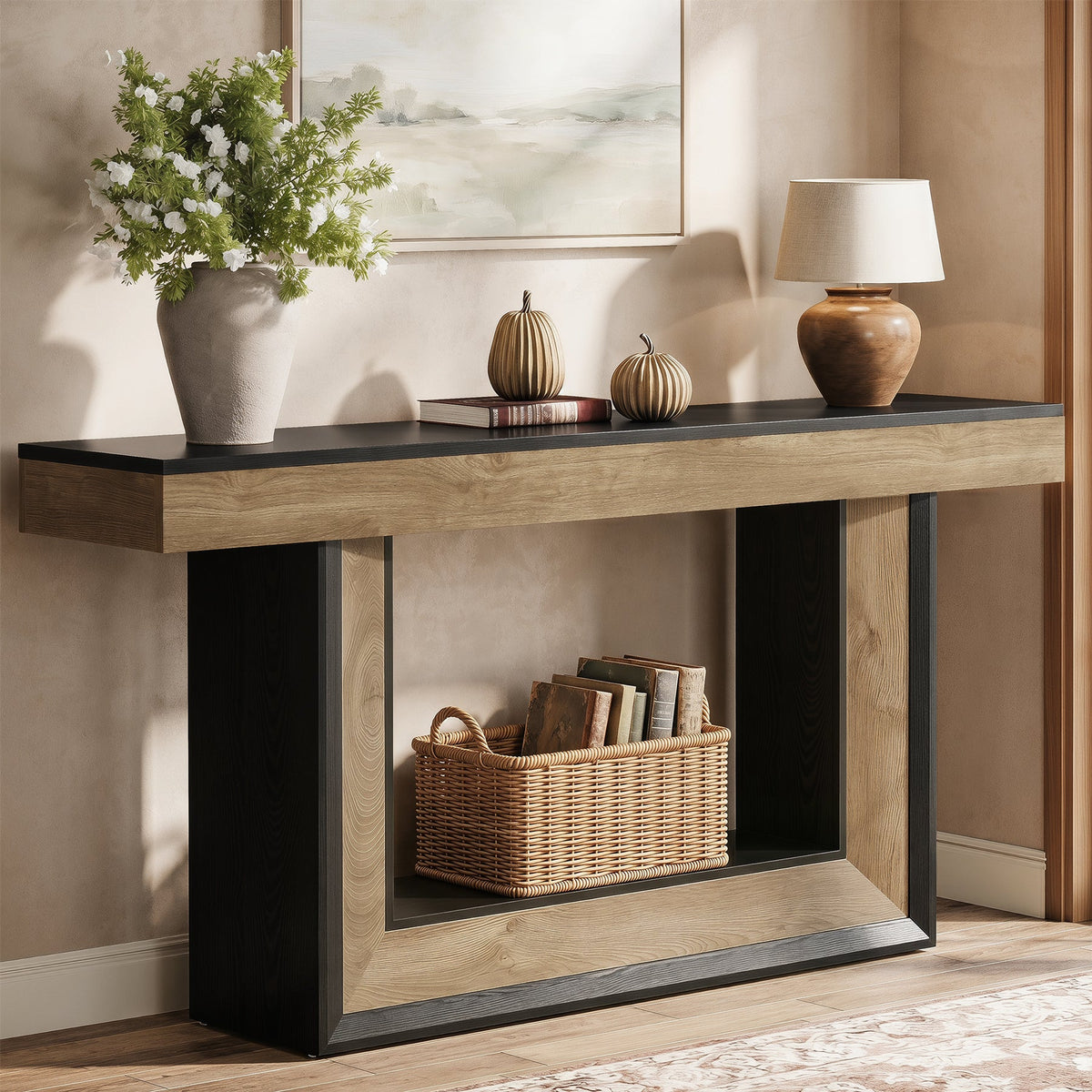 63" Console Table with U-Shaped Base, 2-Tier Narrow Sofa Table for Entryway