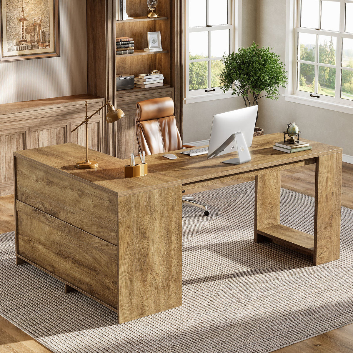 L-Shaped Executive Desk,  63" Office Desk with File Cabinets and Shelves