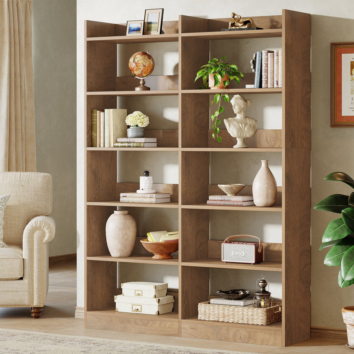 6-Tier Double Wide Bookshelf, 71" Bookcase Display Rack with Open Shelves