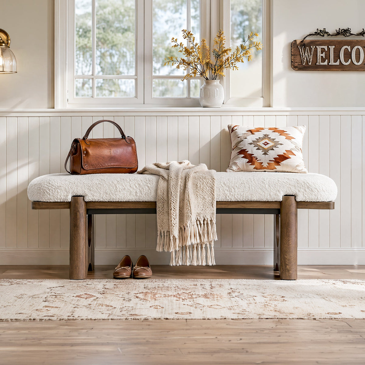 63" Upholstered Entryway Bench with Faux Shearling Cushion, Modern Farmhouse Shoe Bench