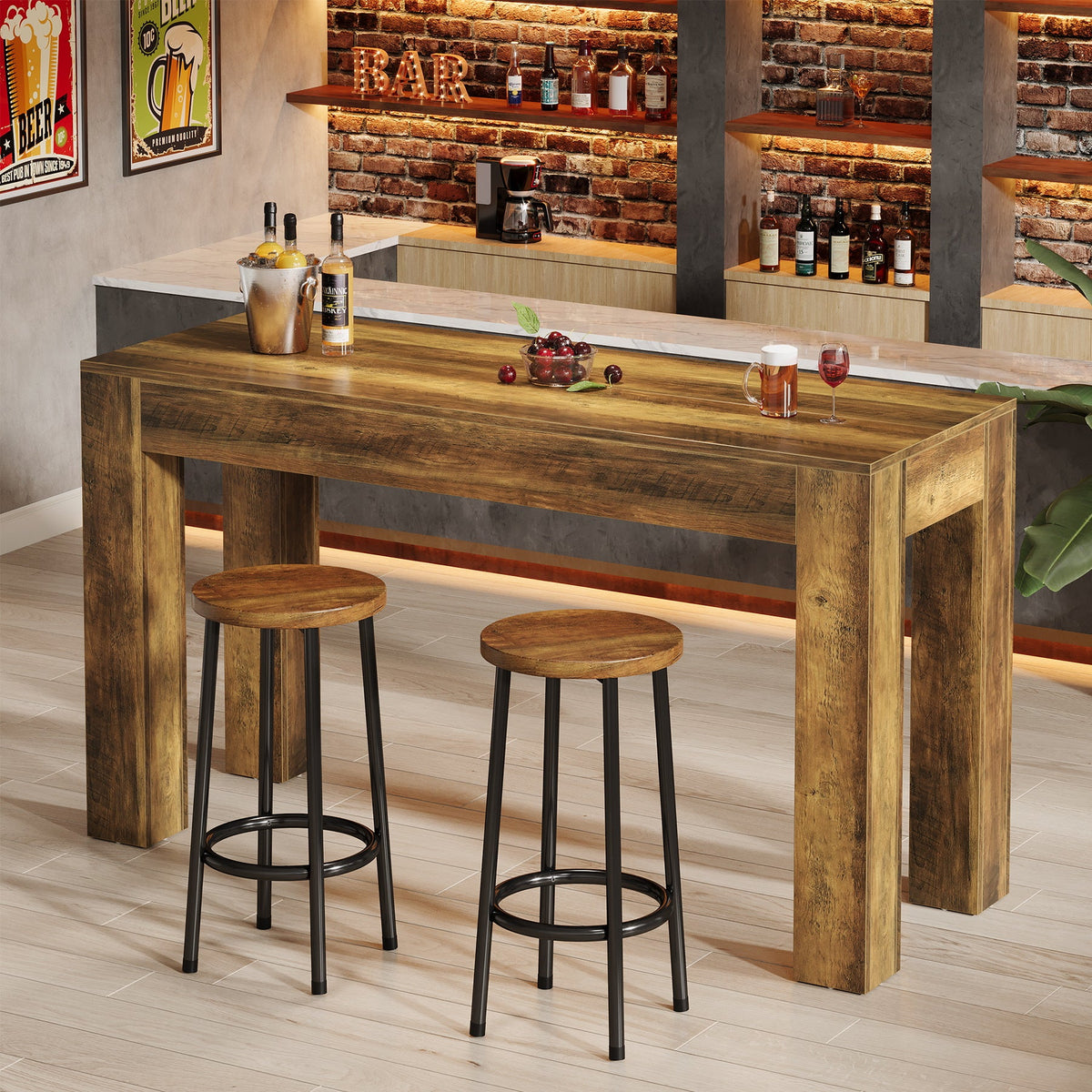 63" Long Bar Table, Rectangular Counter Height Pub Table with Sturdy Legs