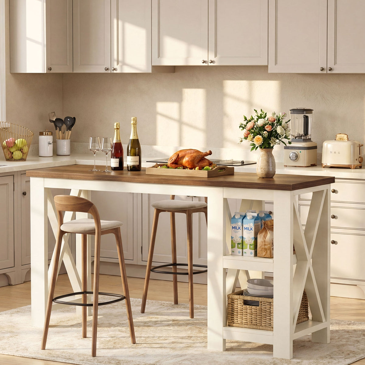 62.2" Bar Table with Storage Shelves, Farmhouse Counter Height Pub Table for Kitchen