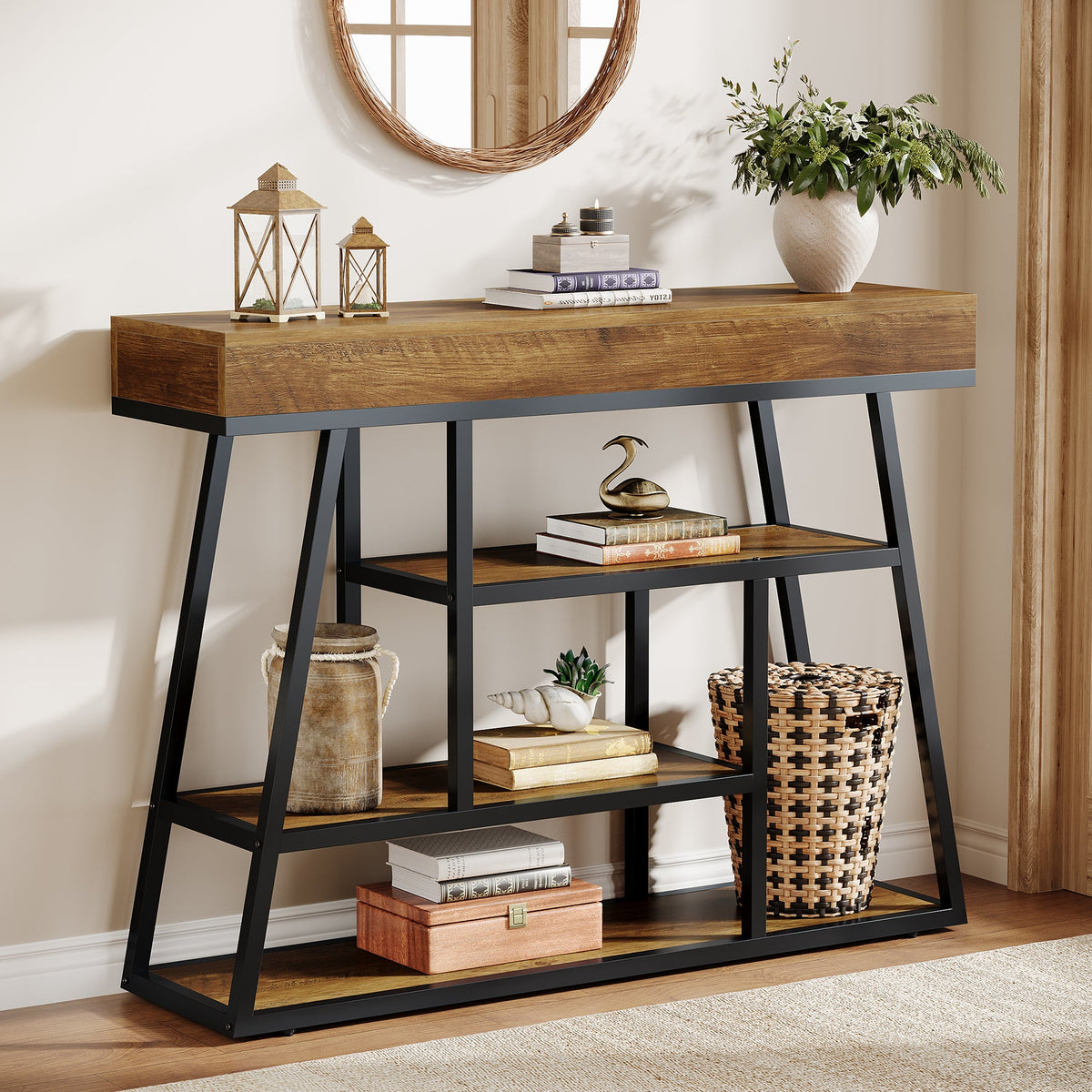 41.3" Console Table, Industrial Entryway Sofa Table with 4-Tier Shelves
