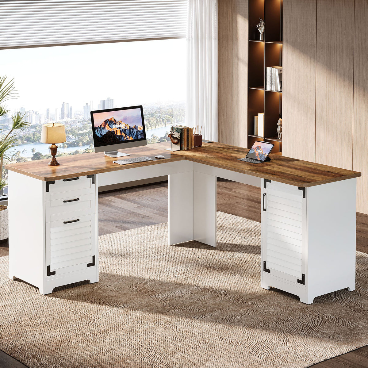 L-Shaped Executive Desk, 59" Computer Desk with Drawers & Power Outlets