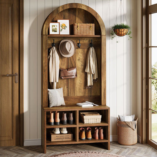 70.87“ Hall Tree, Arched Coat Rack with Bench and Shoe Storage