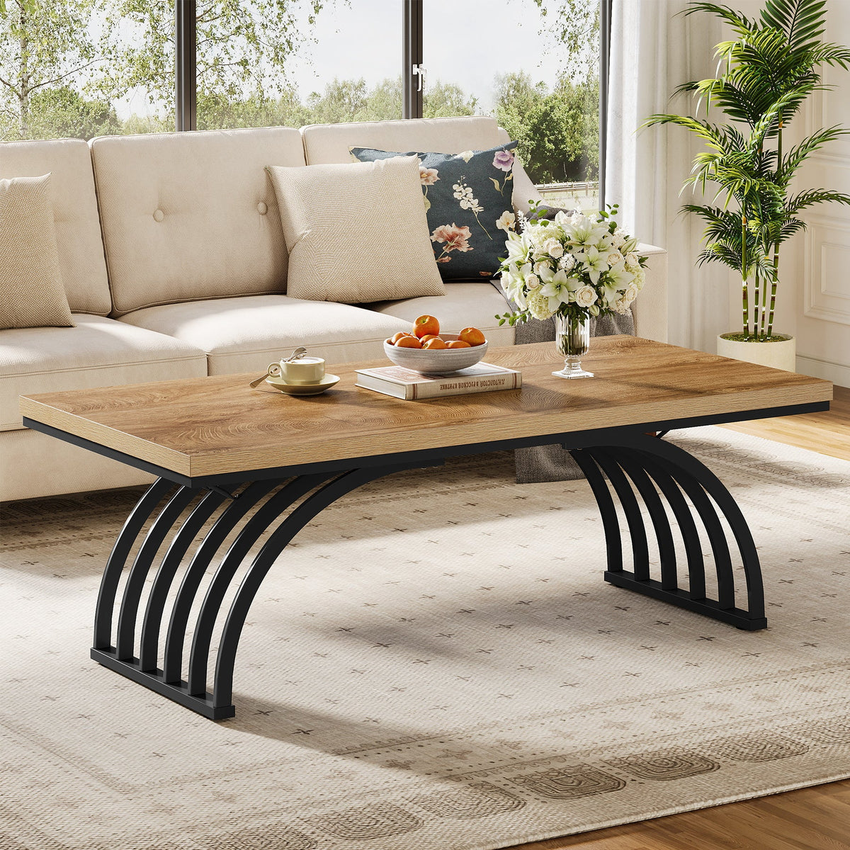 47" Coffee Table, Rectangular Center Tea Table with Metal Frame Legs