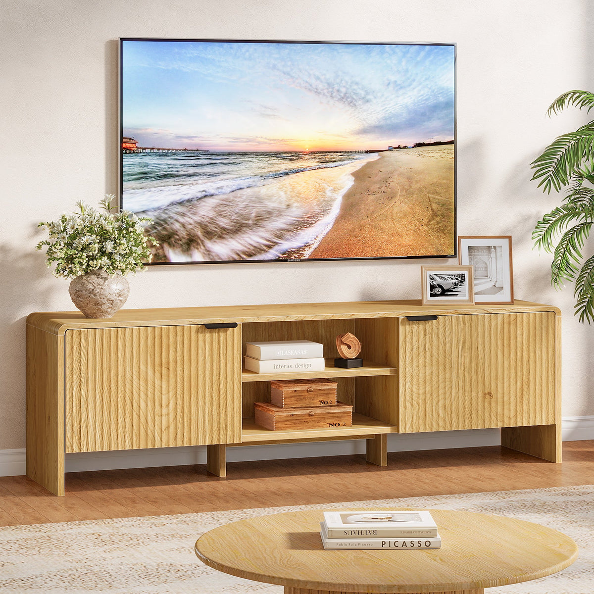 63" Fluted TV Stand with Storage Cabinet and Shelf for TVs up to 75"