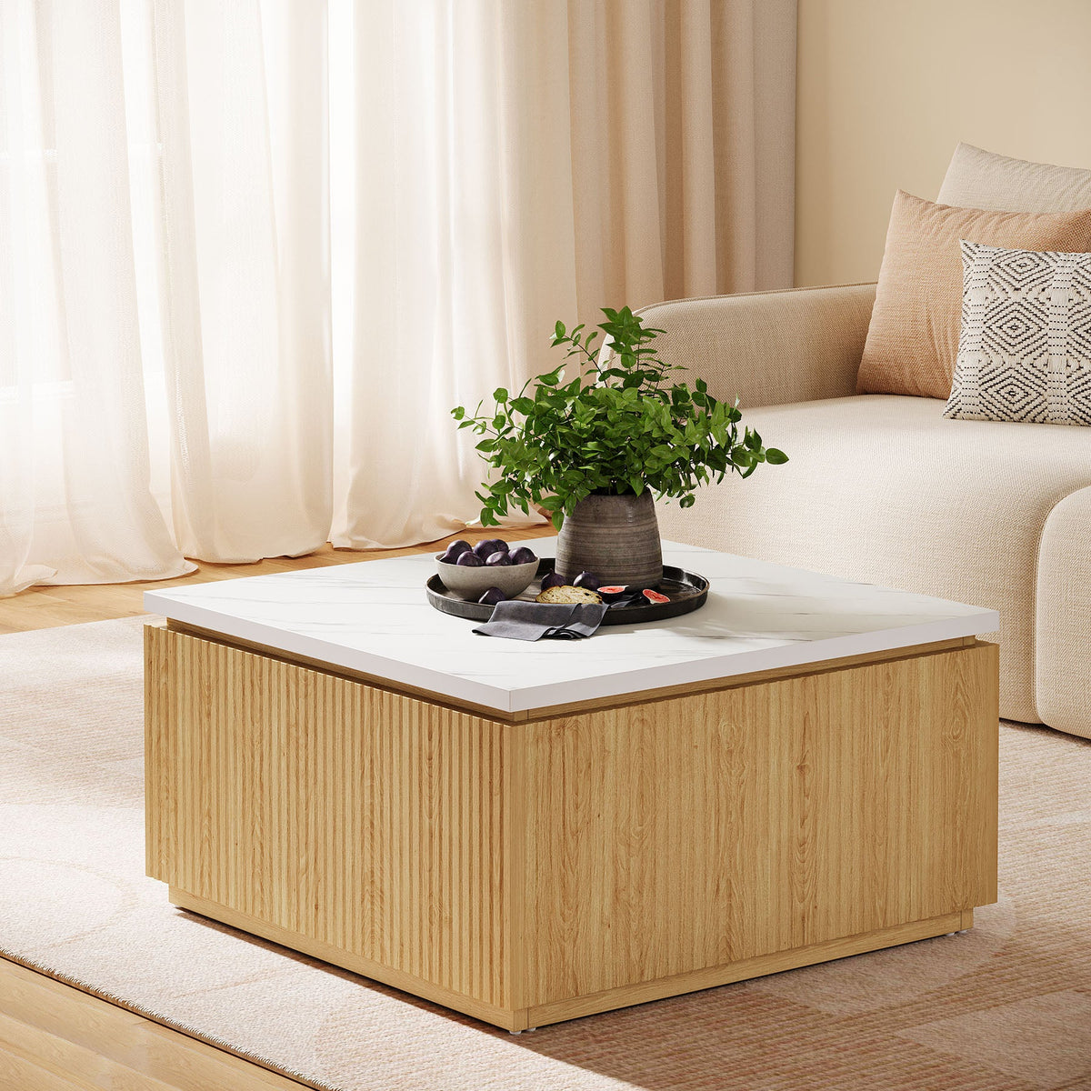 31.5" Square Coffee Table, Modern Center Table with Faux Marble Top