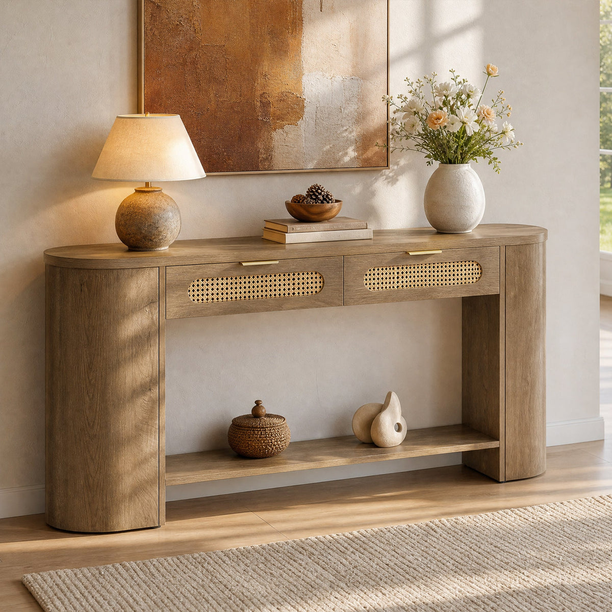 55" Console Table, Farmhouse Entryway Sofa Table With 2 Rattan Drawers & Shelf