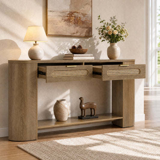 55" Console Table, Farmhouse Entryway Sofa Table With 2 Rattan Drawers & Shelf