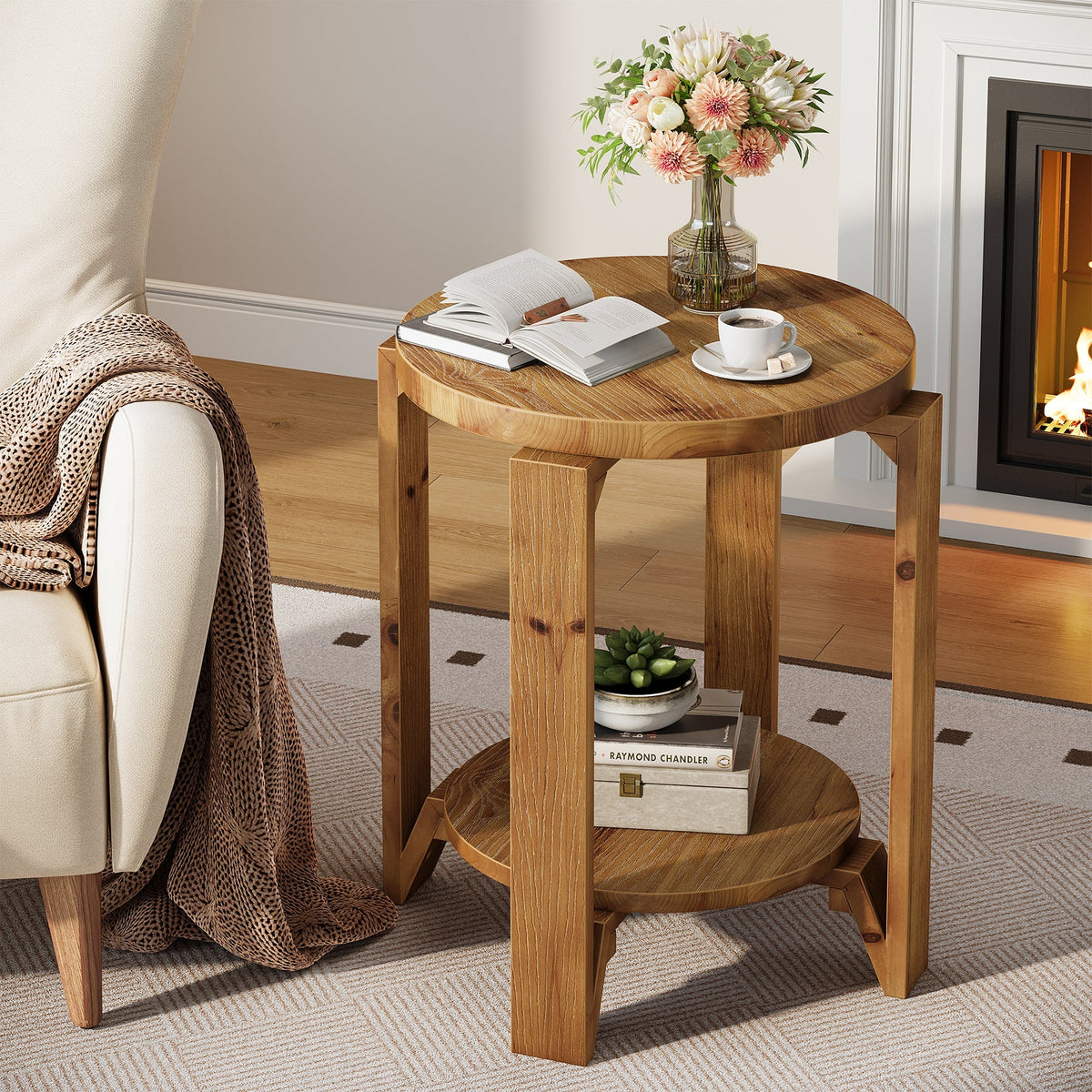 Solid Wood End Table, 2-Tier Round Sofa Side Table Nightstand with Storage