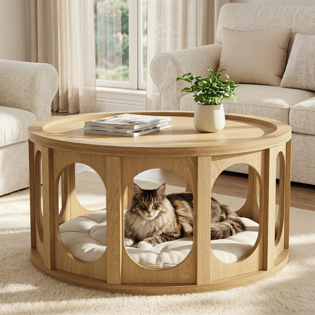 Tribesigns 31.5-Inch Modern Round Coffee Table with Open Storage Shelf, Wood Grain Center Table for Living Room