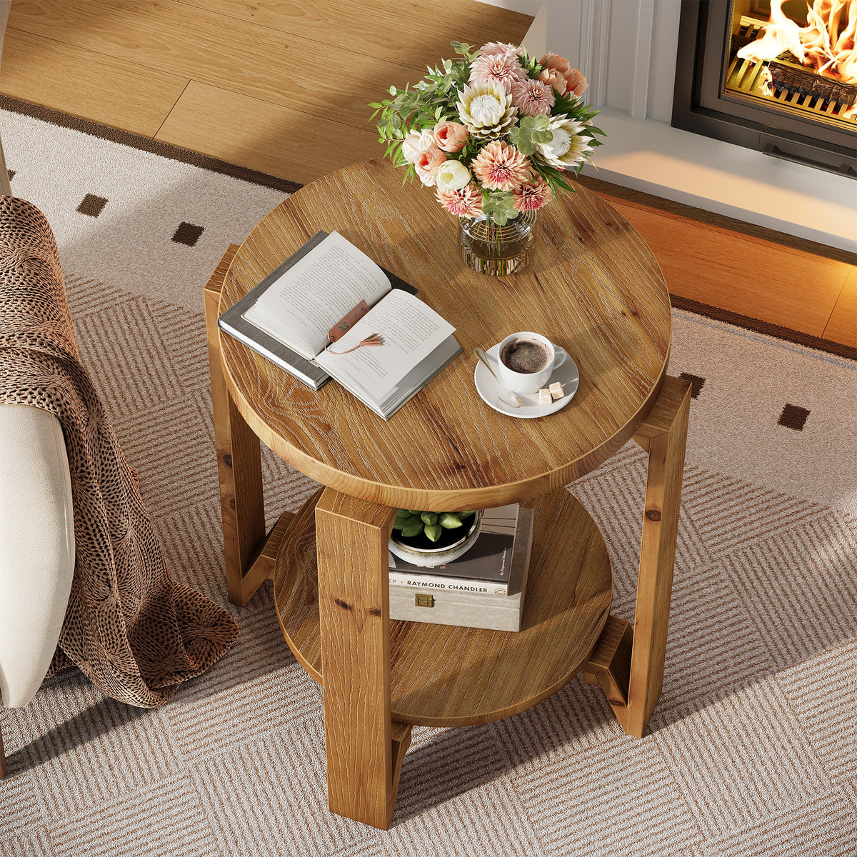 Solid Wood End Table, 2-Tier Round Sofa Side Table Nightstand with Storage