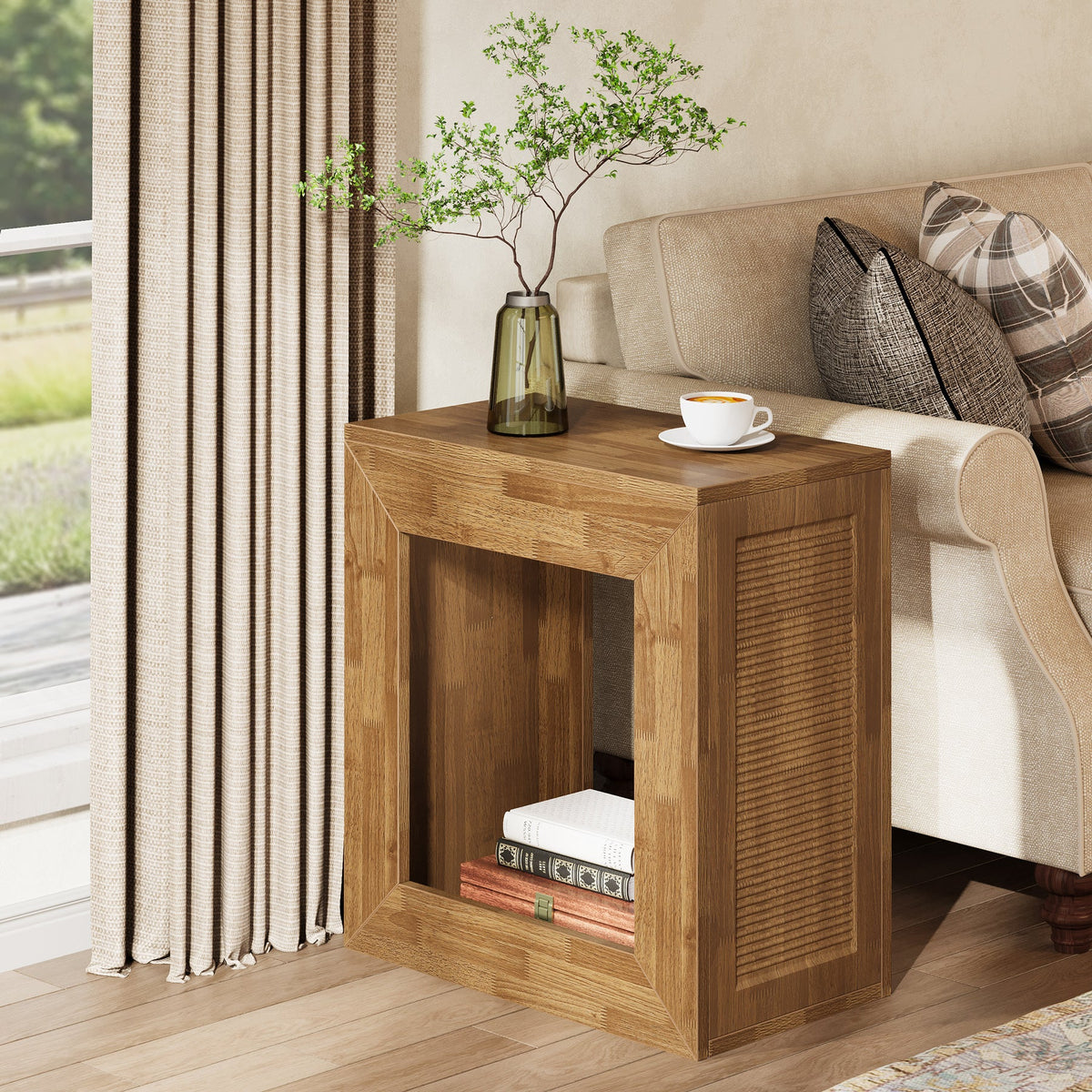 2-Tier End Table, Square Side Table Narrow Nightstand with Storage Shelf