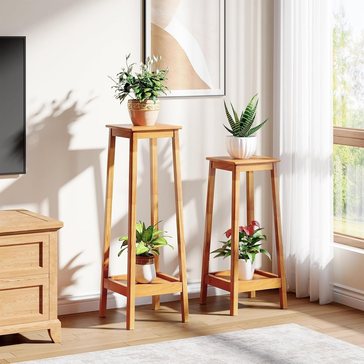 2-Tier Plant Stand, Solid Wood Plant Shelf Set of 2 Display Rack for Living Room