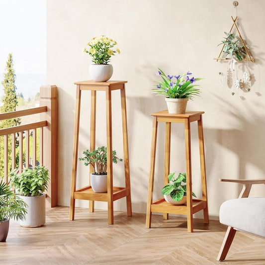 2-Tier Plant Stand, Solid Wood Plant Shelf Set of 2 Display Rack for Living Room