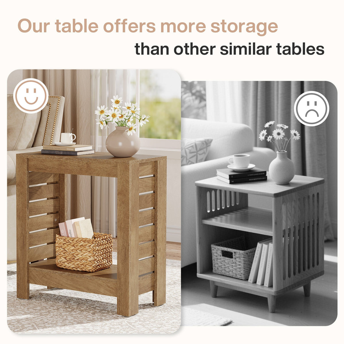 2-Tier Side Table, Wooden End Table Nightstand with Storage Shelf
