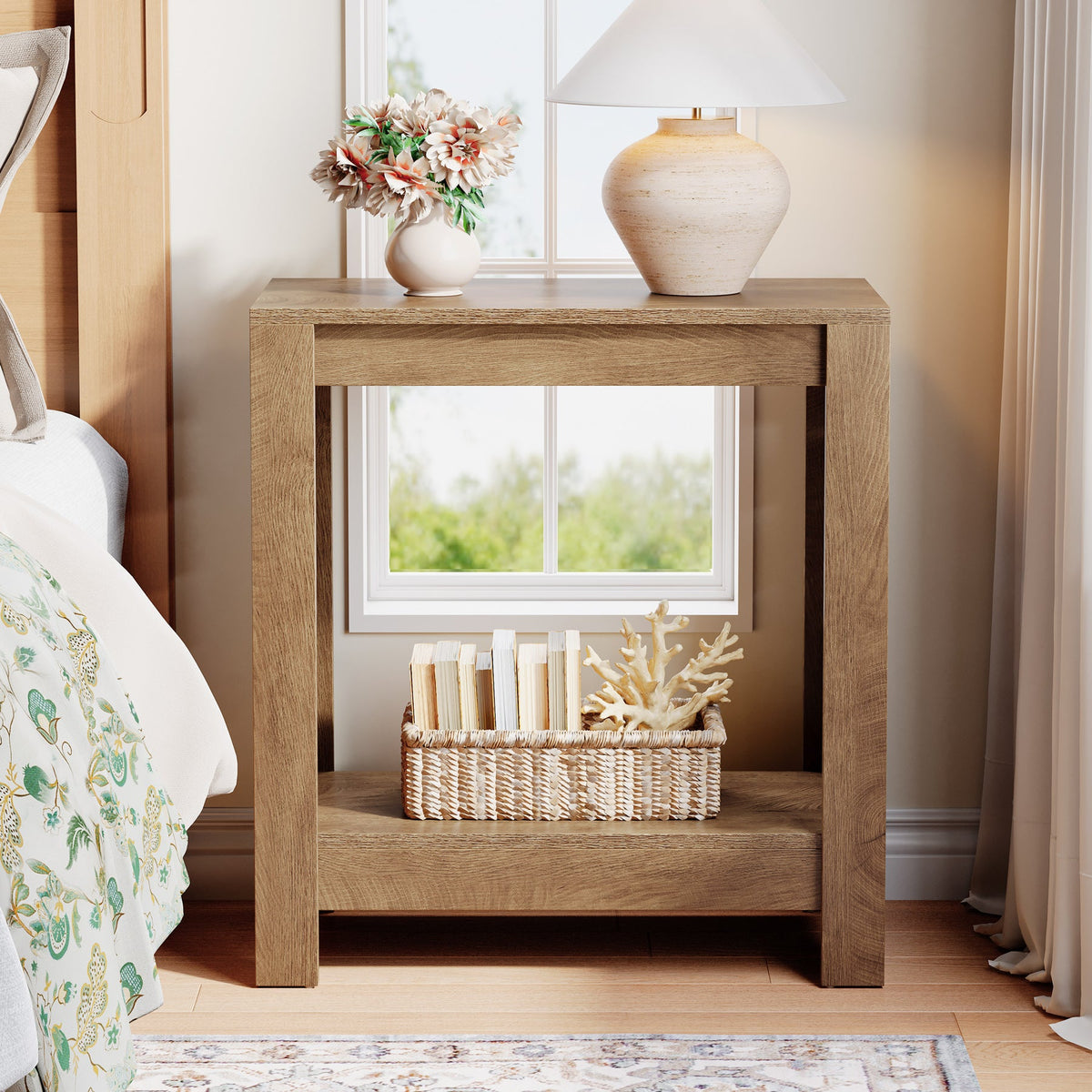 2-Tier Side Table, Wooden End Table Nightstand with Storage Shelf