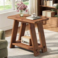 23.62" Solid Wood Side Table, Narrow End Table with 2-Tier Storage for Living Room and Bedroom
