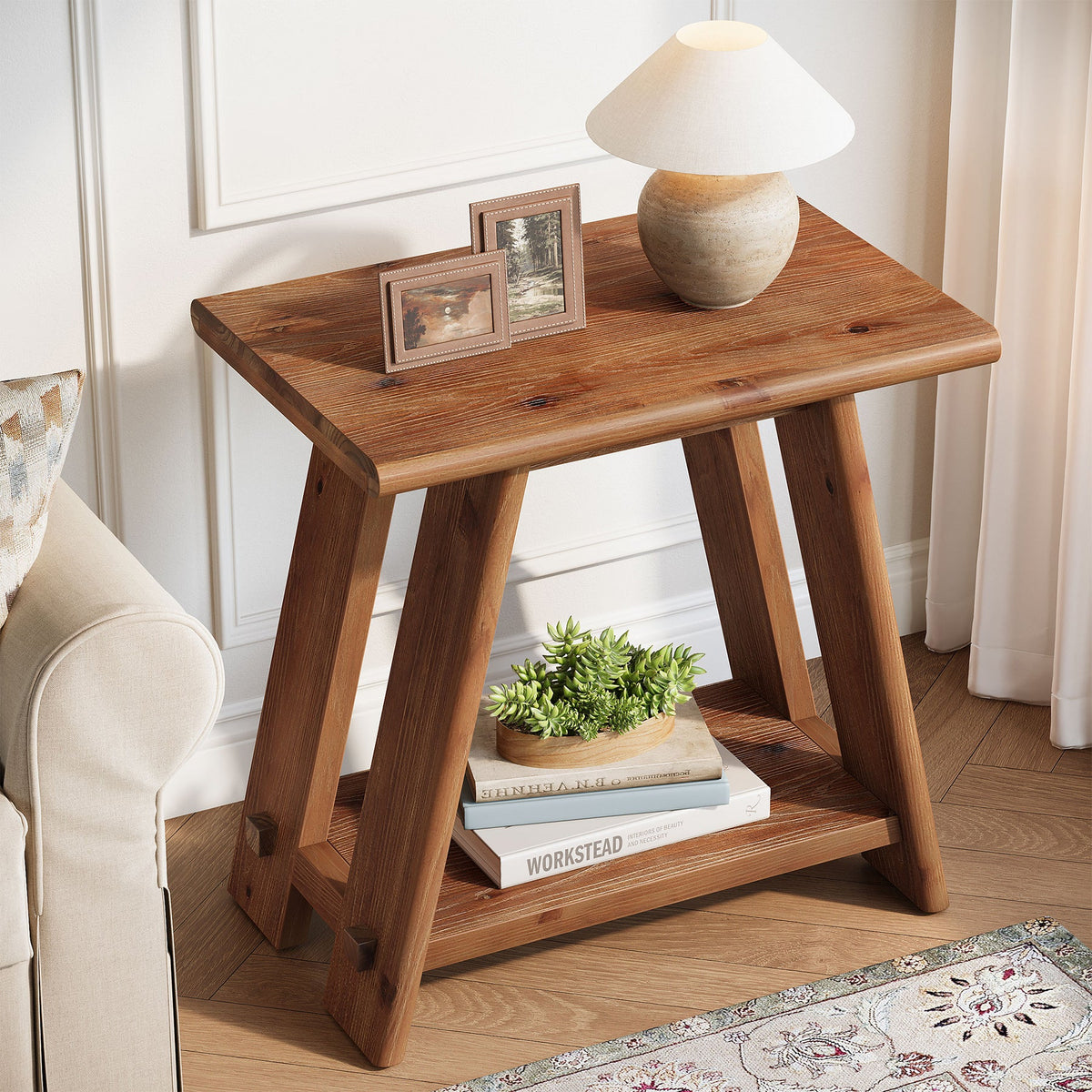 23.62" Solid Wood Side Table, Narrow End Table with 2-Tier Storage for Living Room and Bedroom