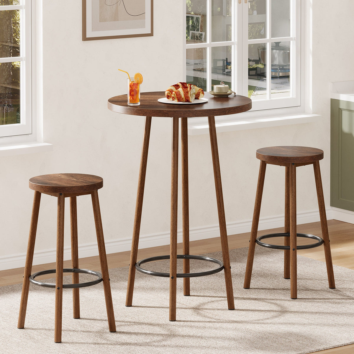 23.6" Bar Table Set, 3 Pieces Round Pub Table Bar Height Table with 2 Stools