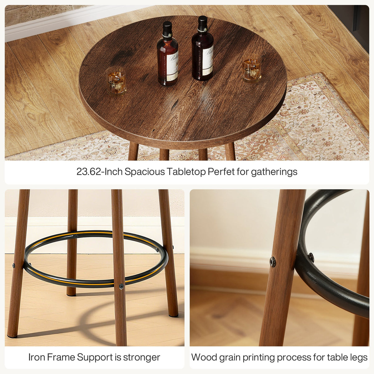 23.6" Bar Table Set, 3 Pieces Round Pub Table Bar Height Table with 2 Stools