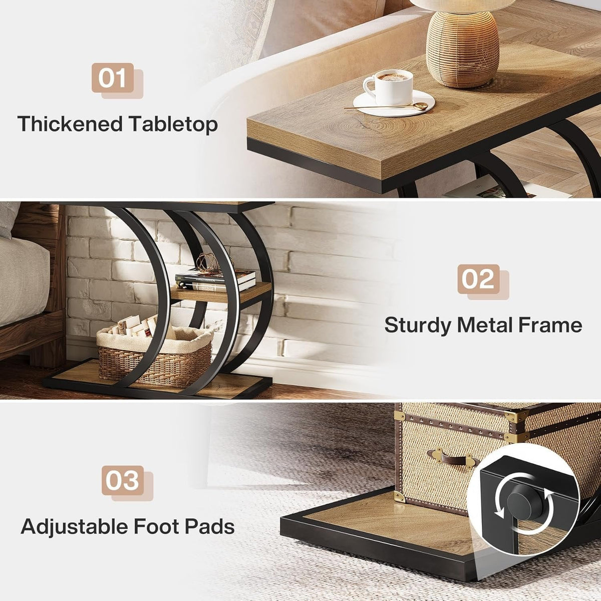 23.6" End Table, 3-Tier Couch C-Shaped Side Table with Storage