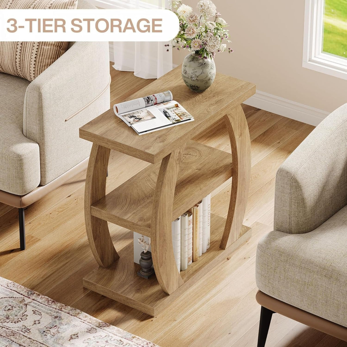 23.6" End Table, 3-Tier Farmhouse Side Table with  Geometric Frame