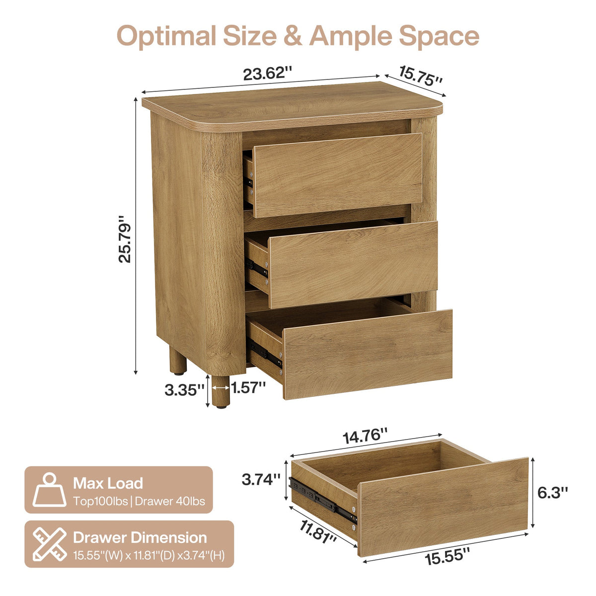23.6" Nightstand, Farmhouse Bedside Table with 3 Drawers