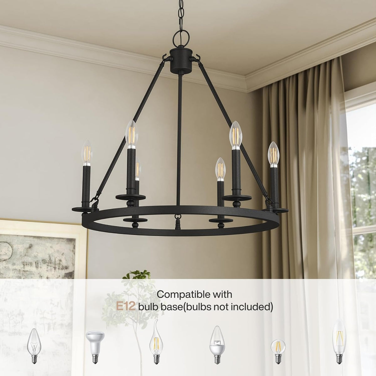 26" Ceiling Light Fixture, 6-Lights Wagon Wheel Chandelier for Farmhouse