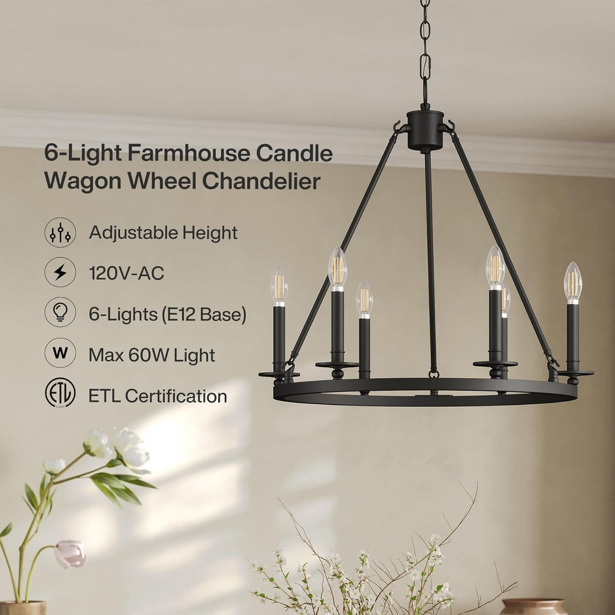 26" Ceiling Light Fixture, 6-Lights Wagon Wheel Chandelier for Farmhouse