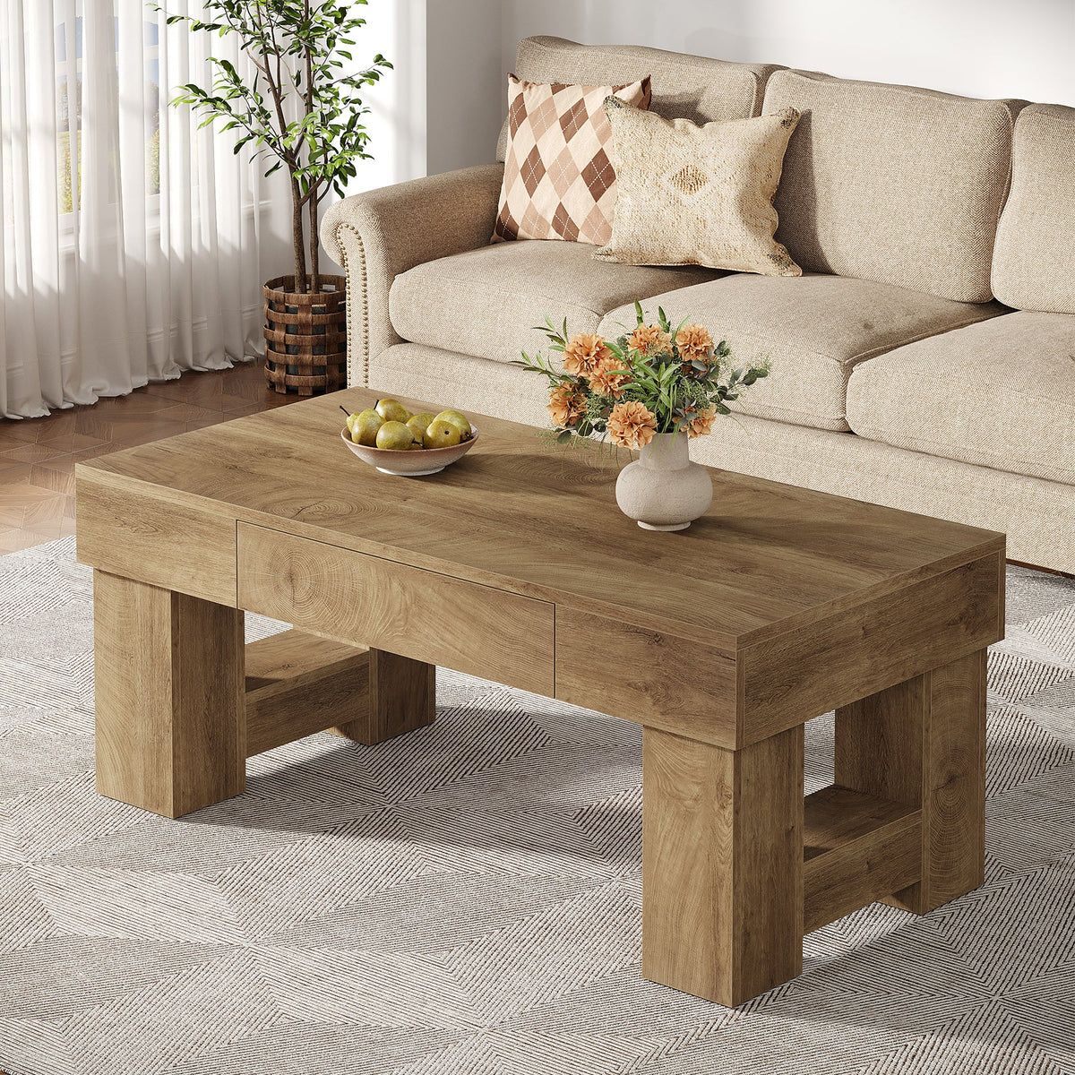 Coffee Table with Storage Drawer, 47" Farmhouse Center Cocktail Table