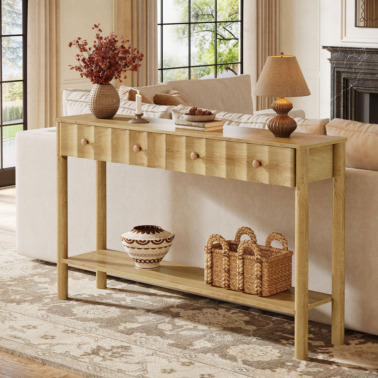 55" Console Table with 2 Drawers, Fluted Entryway Sofa Table with Open Shelf