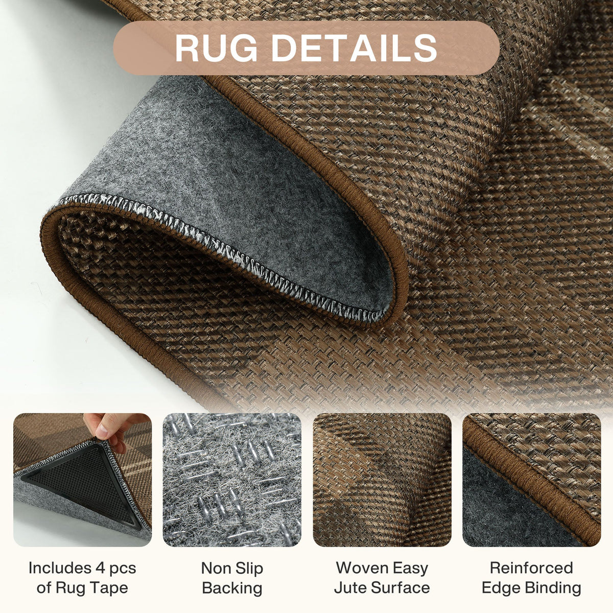 3x5/5x7 Plaid Easy Jute Washable Area Rug, Farmhouse Non-Slip Indoor Carpet for Porch Living Bedroom, Oeko-Tex Certified