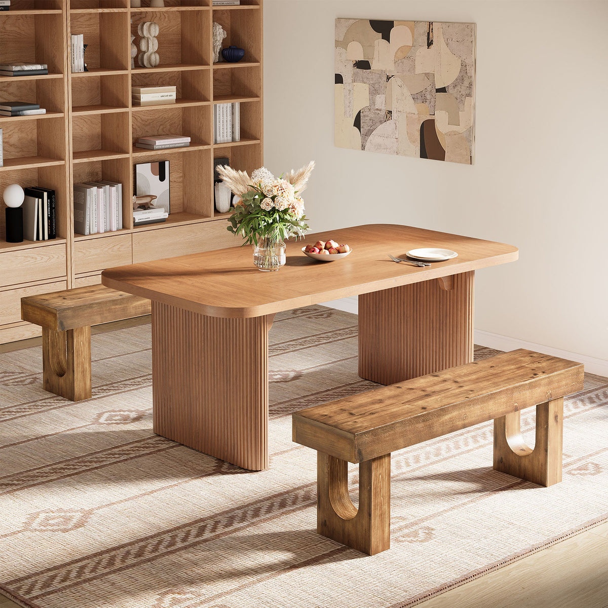 47" Wood Dining Bench, Farmhouse Kitchen Table Bench with Sturdy Legs