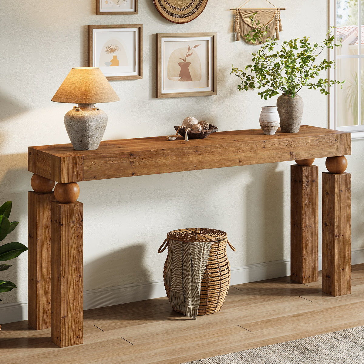 59" Solid Wood Console Table, Narrow Farmhouse Sofa Table Behind Couch