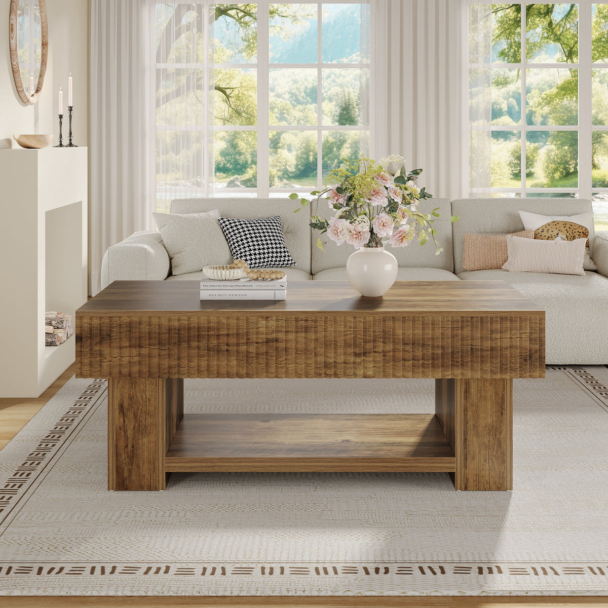Farmhouse Coffee Table with Storage, 47" Center Table with Fluted Panel