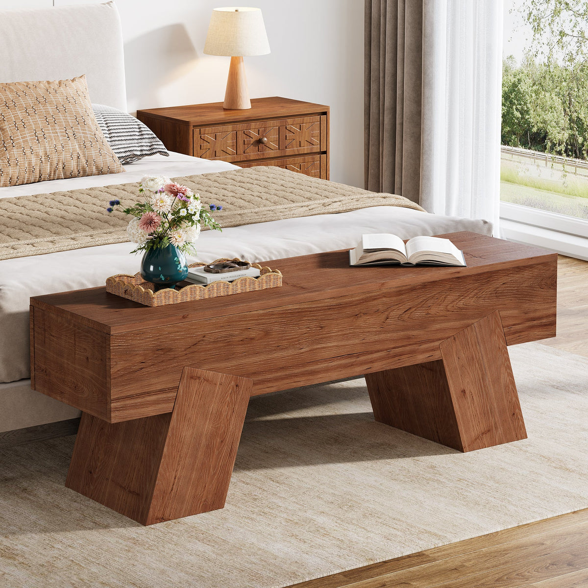 47" Solid Wood Shoe Bench, Indoor End of Bed Bench with Sturdy Legs