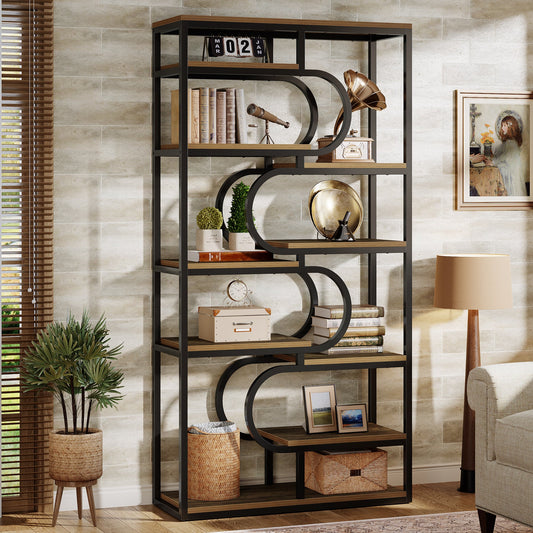 71" Bookshelf, Industrial Etagere Bookcase with Open Storage Shelves