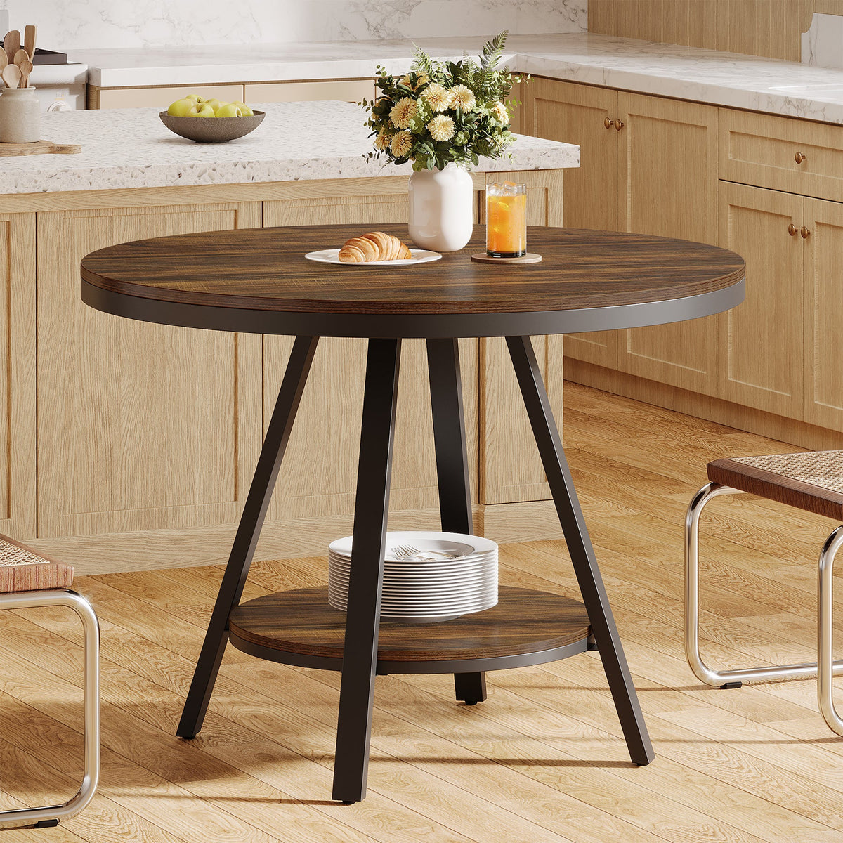 35" Round Dining Table for 2-4 People, 2-Tier Industrial Small Kitchen Dinner