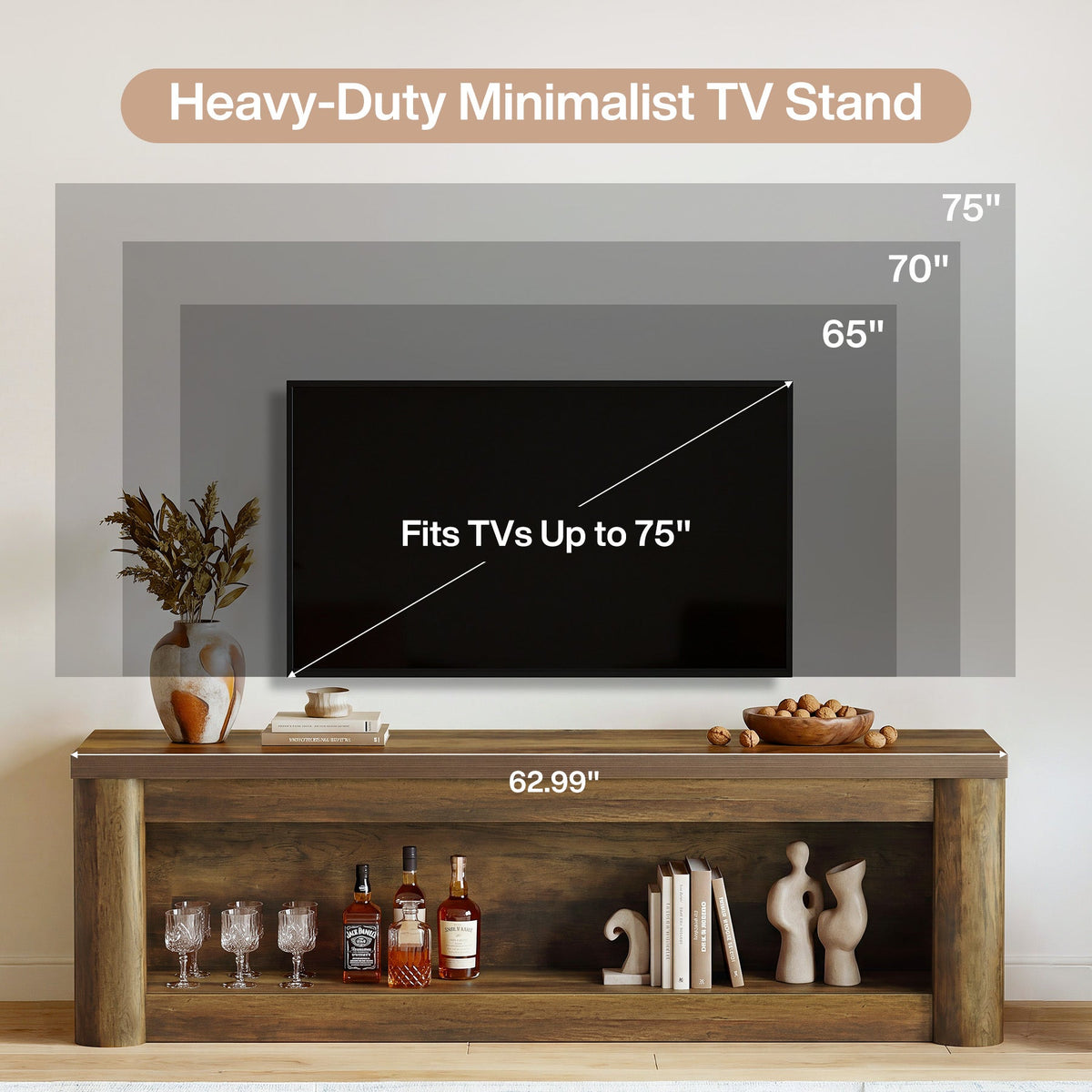 63" TV Stand for TVs up to 75", Entertainment Center with Open Storage for Living Room