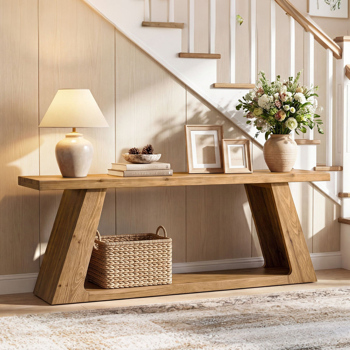 63" Solid Wood Console Table, Farmhouse Sofa Table with 2-Tier Open Shelf for Entryway