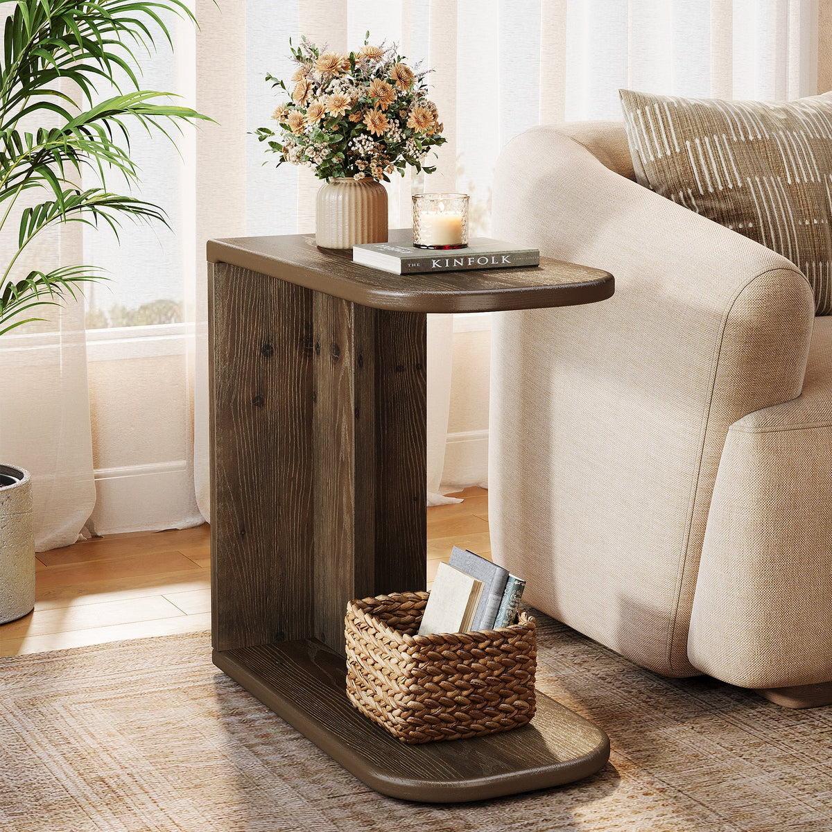 Solid Wood End Table, C-Shaped Sofa Side Table for Living Room