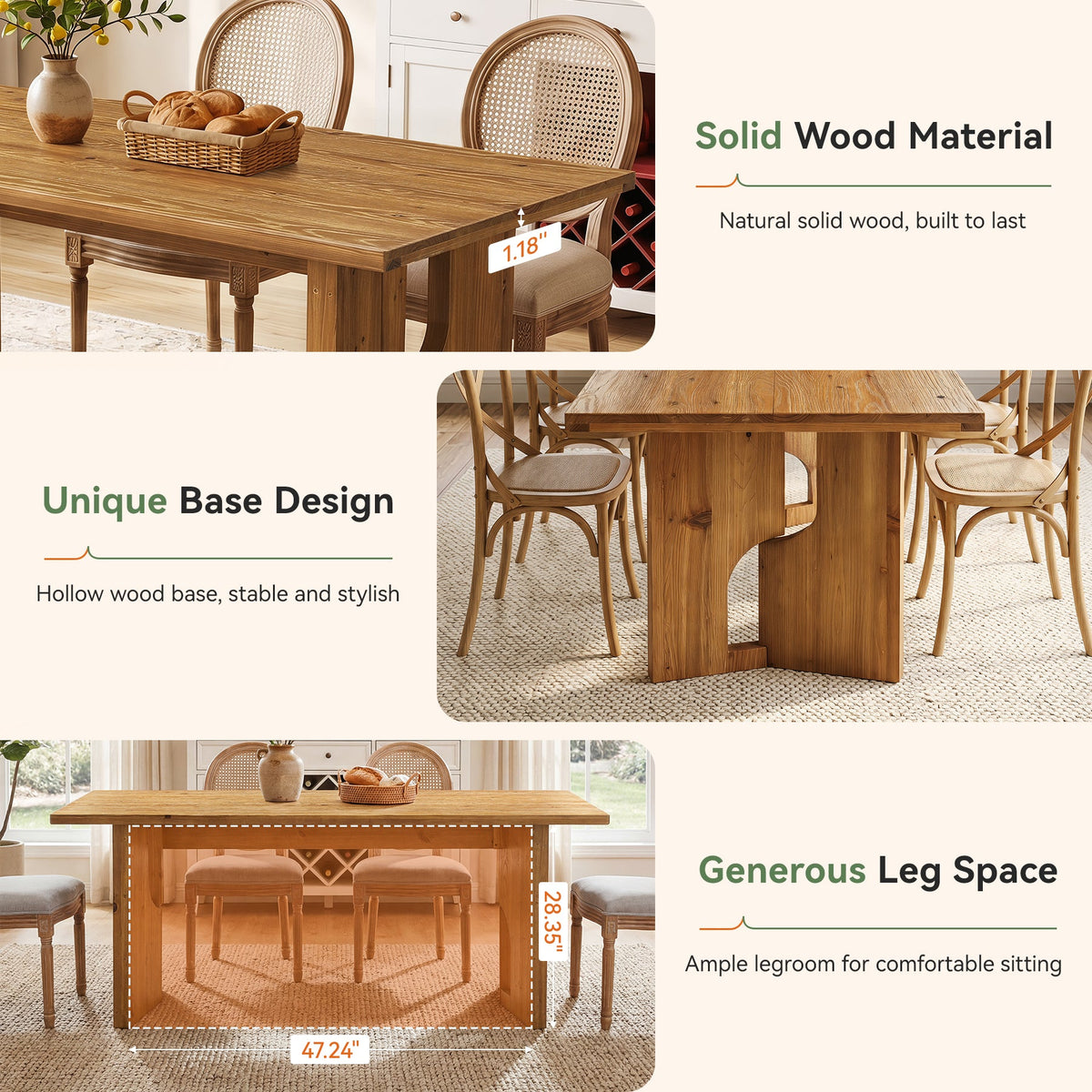 63" Solid Wood Dining Table for 4-6, Farmhouse Kitchen Table with Cutout Bases