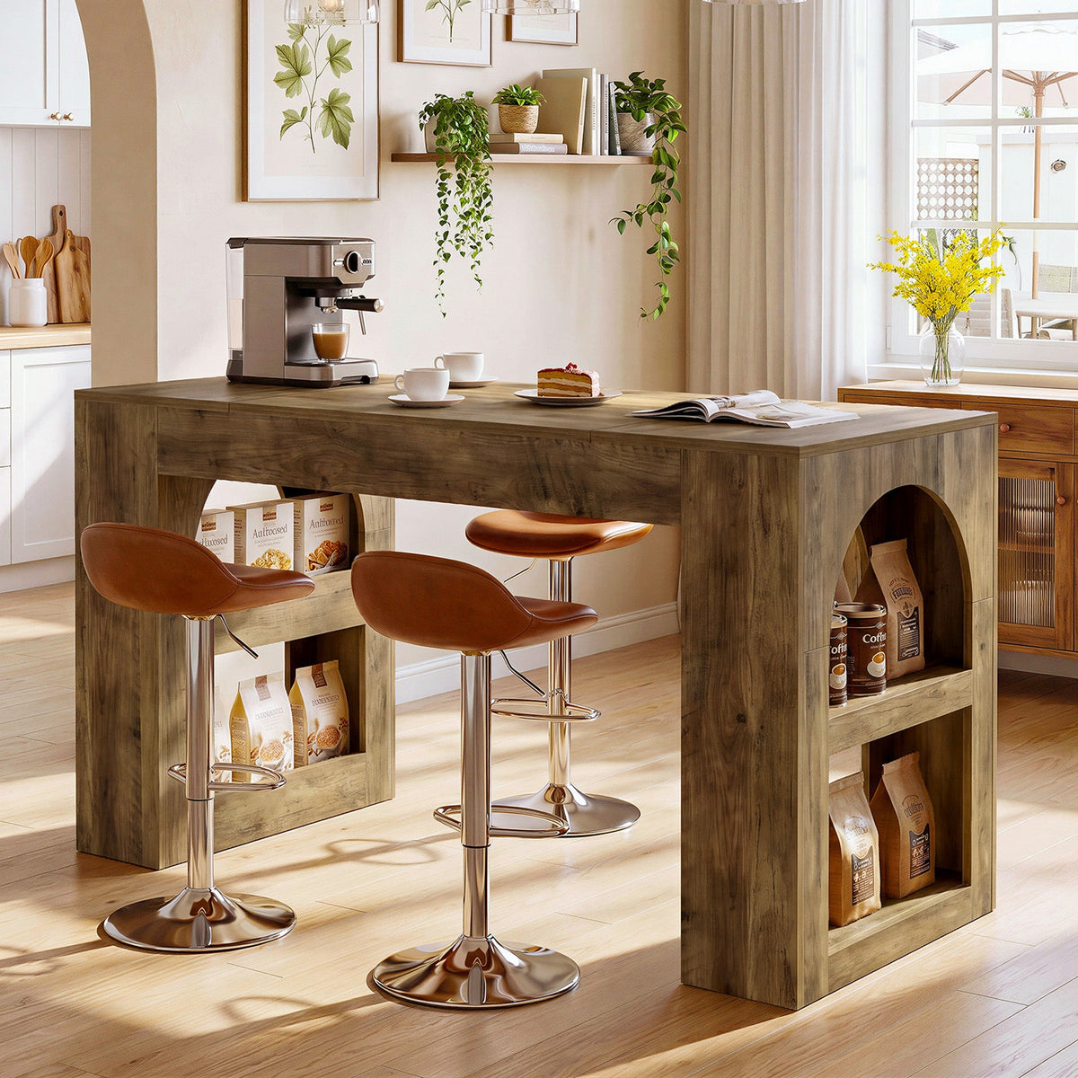 63" Counter Height Bar Table with Side Storage, Industrial Counter Table for Home Bar & Dining Room
