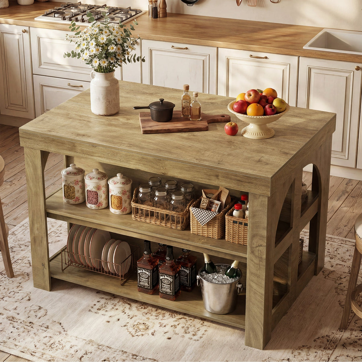 55" Kitchen Island with Storage, Large Stationary Island Bar Table with 3 Shelves