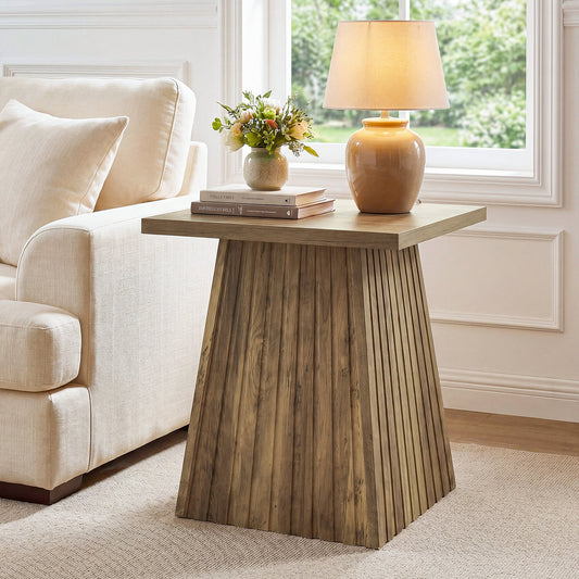 19.7" Square End Table, Modern Rustic Side Table with Fluted Base for Small Space