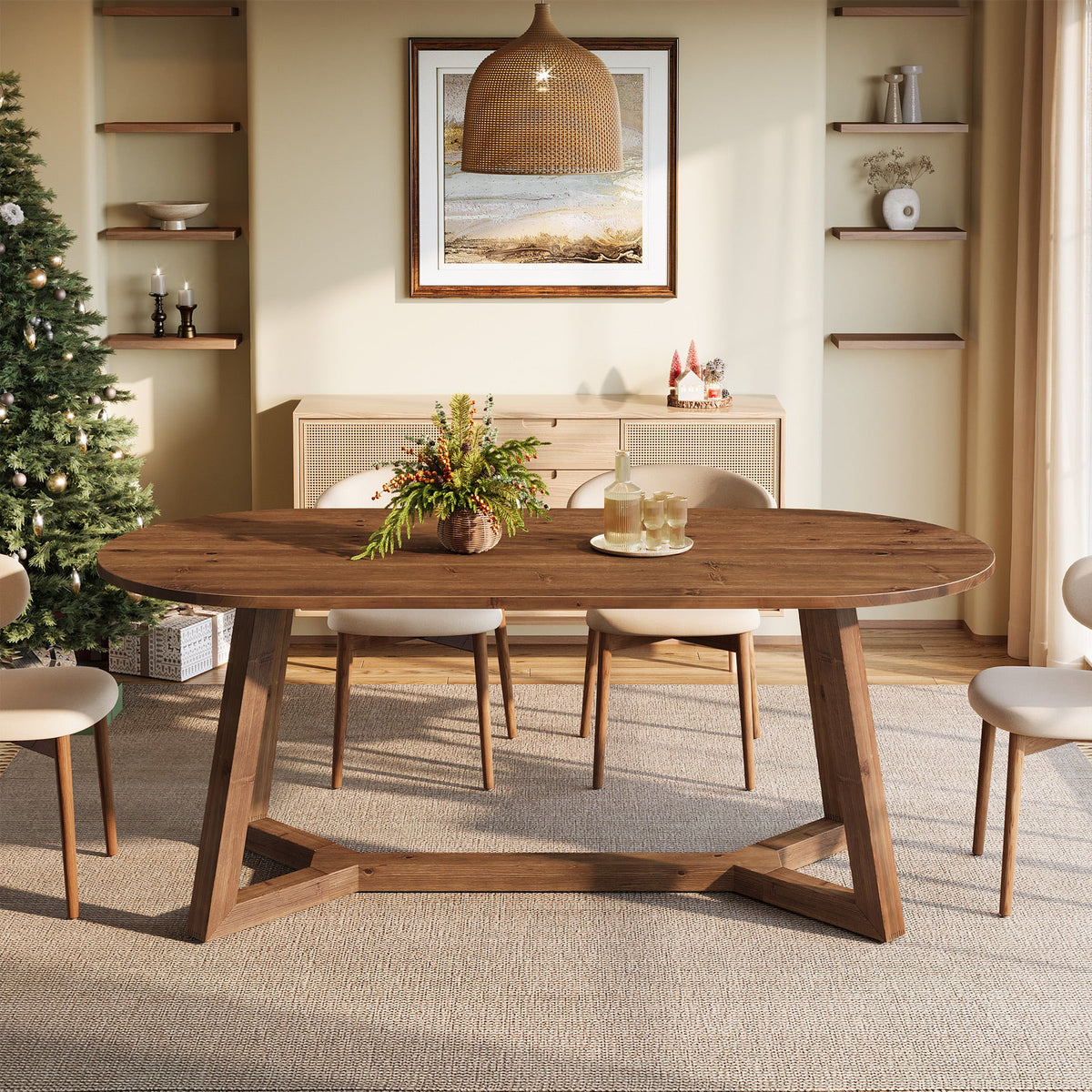 Solid Wood Oval Dining Table, 63" Kitchen Table with Sturdy Tapered Legs for 4-6